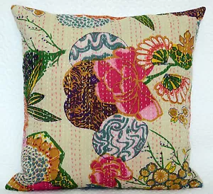 Indian Cotton Kantha Style Pillow Case 16" Floral Handmade White Cushion Cover - Picture 1 of 4