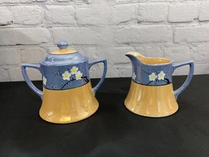 Vintage Lusterware Blue Peach Orange Cherry Blossom Cream & Sugar Set Creamer - Picture 1 of 13