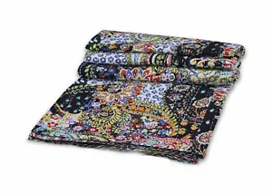 Indian Handmade Black Paisley Print Kantha Quilt Bedspread Throw Cotton Blanket - Picture 1 of 3