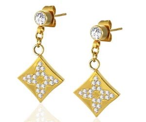 Ladies CZ Yellow Stainless Steel Star Flower Cross Square Long Drop Stud Earring - Picture 1 of 1