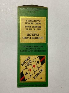 1930's Eddie's Card Parlor Belmont Shore Long Beach CA BOBTAIL Matchcover