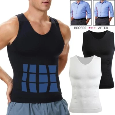 Mens Compression Shirt Slimming V-Neck Body Shaper Vest Tummy Control Shapewear - Image 1 of 4