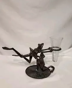 Bronz Dancing Frog Sculpture Holding Crackle Glass Vase/candle Holder - Picture 1 of 8