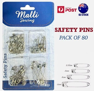 80 Safety Pins Pack Silver Pin Small Large Mixed Sizes Sewing Home Office Craft - image 1 of 2