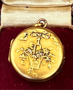 EINZIGARTIGER JUGENDSTIL FRANZÖSISCHER BLUMENKORB 2-SEITIG KRISTALL GOLD FIX FOTO MEDAILLON - Bild 1 von 4