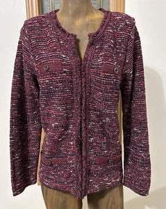 J.Jill Tweed Cardigan Women’s Medium Cranberry Fringed Knit Blazer Jacket Career - Picture 1 of 9