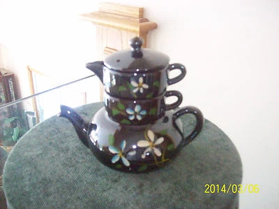  Teapot Vtg Stackable Floral Blue & Cream Brown Pottery Ceramic Made In Japan  - Image 1 of 4