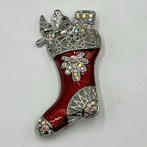 Red Enamel Silver Rhinestone Brooch Christmas Open Work Stocking Brooch Presents - Picture 1 of 6