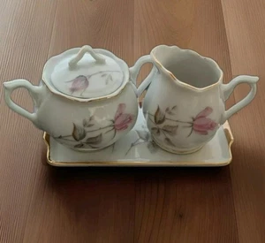Enesco Japan Roses Creamer & Sugar Bowl set With Tray Porcelain Floral Vintage - Picture 1 of 12