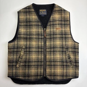 Vintage Woolrich Men’s Sherpa Lined Wool Vest Black Tan Plaid Western Size Large - Picture 1 of 7