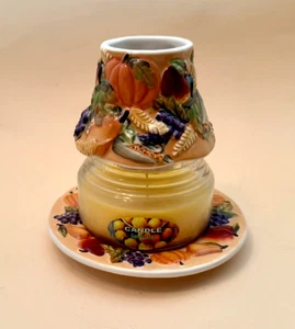 Home Interiors kleiner Kerzenschirm im Glas mit Teller Herbstmuster Kürbis Mais - Bild 1 von 7