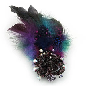 Oversized Green/Purple/Blue Feather 'Peacock' Stretch Ring In Silver Plating - - Picture 1 of 4