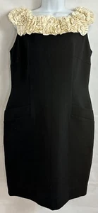 NWT Taylor Size 14 Black Formal Dress Ivory Appliqued Ruffle Neck Zip Sleeveless - Picture 1 of 18