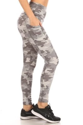 Mujeres Esculpir Control Abdomen Cintura Alta Yoga Leggings con Bolsillos Gris Camuflaje S & L Foto 1 de 4