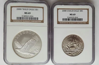 2008 Bald Eagle commomorative Silver Dollar & Clad Half Dollar NGC MS69-2 Coin - Image 1 of 4