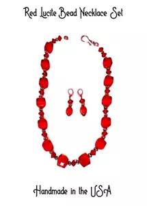Red Chunky Lucite Bead Necklace Set -Vintage Bead Necklace Earrings Set Handmade - Picture 1 of 3