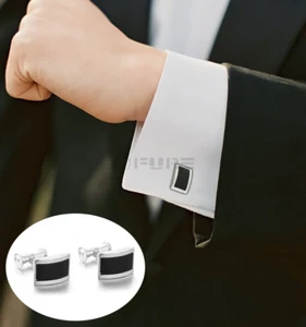 Stylish Mens Business Wedding Cufflinks Black Onyx Rectangle Silver Cuff Links - Picture 1 of 10