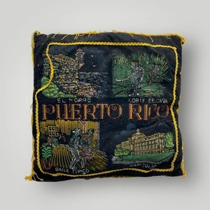 Fringed Pillow Puerto Rico Painting Velvet Souvenir 1940's 1950's - Picture 1 of 6