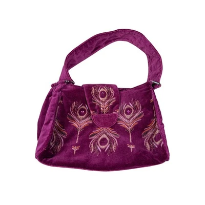 Cartera de hombro de terciopelo azul marino antiguo con estampado de plumas de pavo real y2k Foto 1 de 4