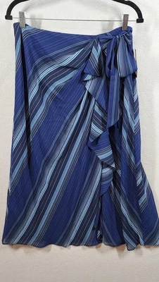 Falda Lauren Ralph Lauren Mujer 4 Azul Rayas Volantes Envoltura Midi Poliéster Nueva Foto 1 de 4