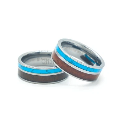 6/8mm Men's Tungsten Turquoise Hawaiian Koa Wood Wedding Band Ring Comfort Fit - Image 1 of 2