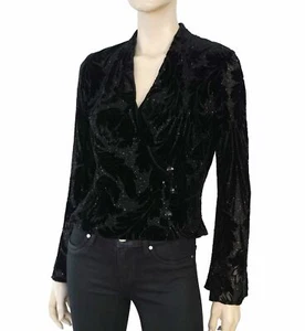 Carmen Marc Valvo Gr. 6 verziert schwarz Burnout Samt Wickel Top Bluse NEU - Bild 1 von 7