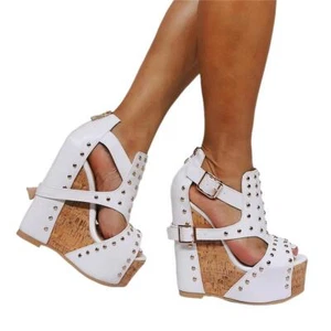 Women Platform Wedges Heels Sandals Peep Toe Studded Rivets Zip Shoes Size 5-20 - Picture 1 of 6