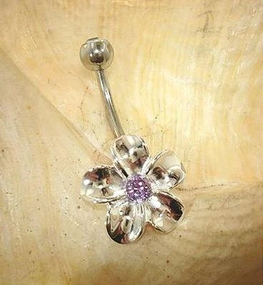 15MM RHODIUM PLATED 925 SILVER HAWAIIAN PLUMERIA FLOWER PURPLE CZ BELLY RING #M — 第 1/3 张图片