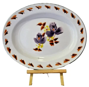Enamelware Floral Serving Platter Oval Bumper Harvest 40cms 1970's Camping VGC - Picture 1 of 24