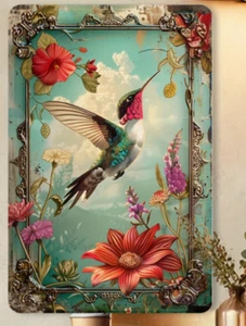 METAL ART-Hummingbird with Lily and Floral Garden, 8x12" Vintage Style Metal Art - Picture 1 of 3