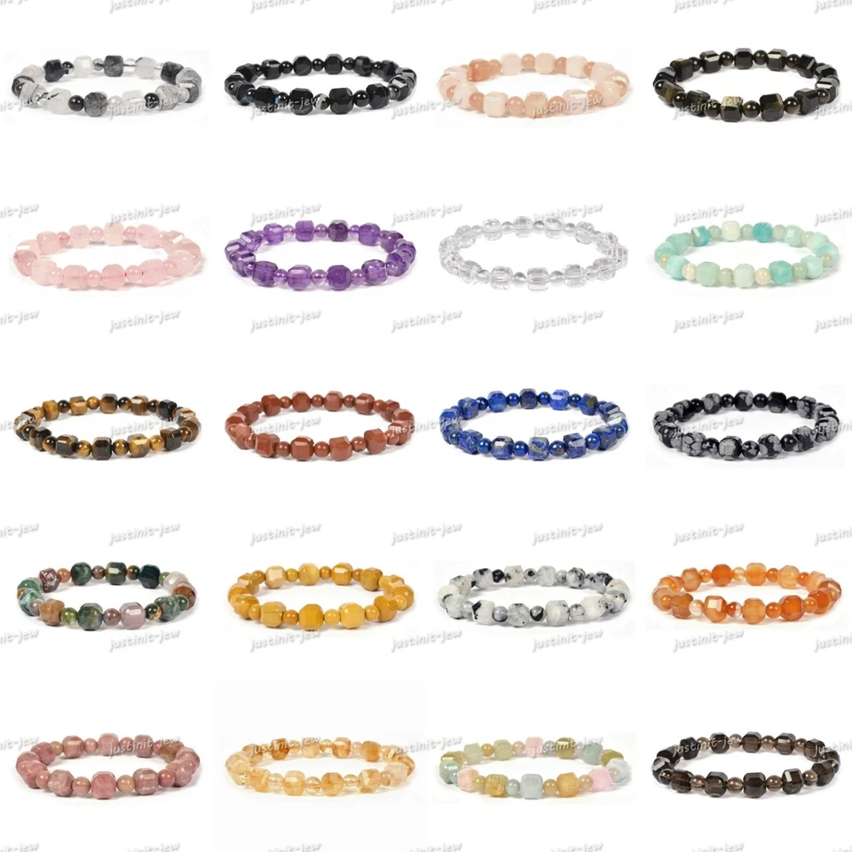 Brazalete elástico cuentas cuadradas cubo dados facetado piedras preciosas naturales de 8 mm 6,5" Foto 1 de 1