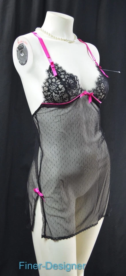 VICTORIA'S SECRET Camisola Sexy Teddie Stretch Malha Preta Laço Rosa Quente P NOVO - Imagem 1 de 4