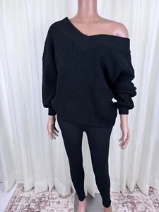 Zenana Übergröße zweiteiliges V-Ausschnitt Pullover & Legging Set Größe 1X schwarz - Bild 1 von 12