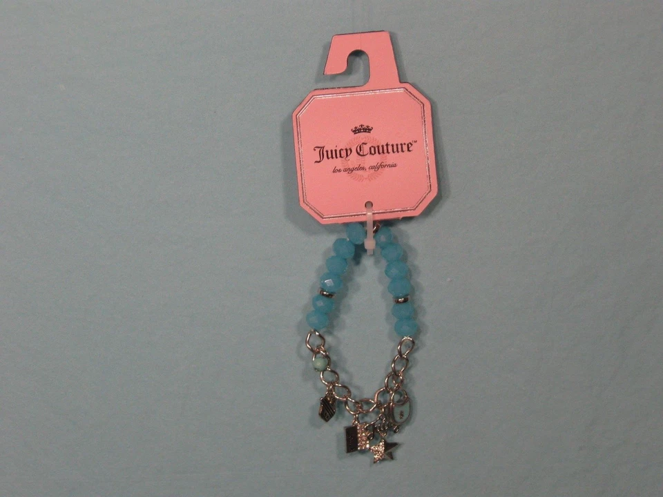 NUEVO CON ETIQUETAS Pulsera Juicy Couture Tono Plata Cadena y Cuentas Cristal Aqua  Foto 1 de 1