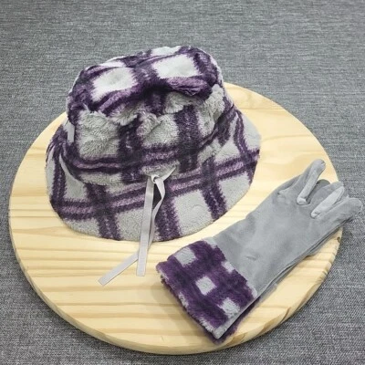 Sprigs Faux Fur Reverse to Print Hat with Gloves Set One Size Gray Purple - Image 1 of 4