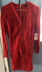 GUESS - Women's Red Lace-Up Long Sleeve Party Dress - Size 6 NWT - $128 - Picture 1 of 8