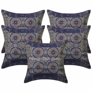 Indian Brocade Decorative Jacquard Pillow Covers Blue Mandala Sofa Cushion Cover - Picture 1 of 5