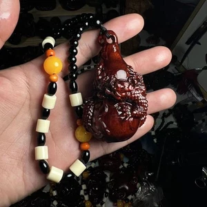 65mm Small Leaf Zitan Dragon Gourd Wood Carved Handle Pendant Feng Shui Ornament - Bild 1 von 9