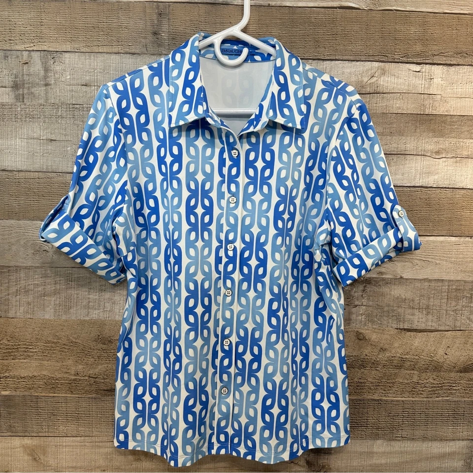 Camisa corta de tela J McLaughlin para mujer XL azul blanco estampado con botones Slv Catalina Foto 1 de 4