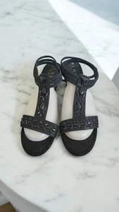New York Transit Black Wedge Beaded Sandals Sz 8.5M Wedding 2.9” Heel - Picture 1 of 5