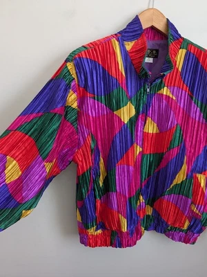 Chaqueta de bombardero de colección años 90 Streetwear arco iris satinado arte abstracto pista para mujer M cremallera Foto 1 de 4