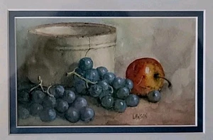 Antiker Nussbaum? Shadowbox Rahmen Topf Obst Lawson Original Aquarell Gemälde - Bild 1 von 21