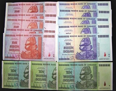 13 张津巴布韦钞票 - 5 x 5 亿/3 x 10 万亿美元货币 — 第 1/4 张图片