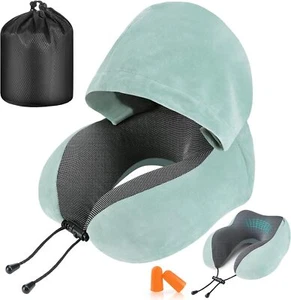 Green Velvet Memory Foam Travel Pillow with Hood for Airplane & Car Use - Picture 1 of 9