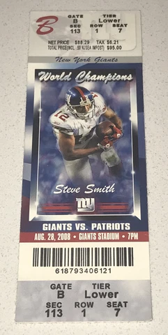 8/28/08 Pre Season Finale Full Ticket Stub Giants Patriots No Brady / No Manning Cover