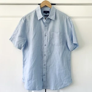 Camicia uomo Vince lino bottoni manica corta blu casual vestibilità classica taglia S - Foto 1 di 8