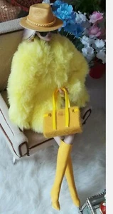 Barbie Doll Soft yellow Furry Fur Coat & Hat ,boots, sunglasses bag,top, skirt. - Picture 1 of 6