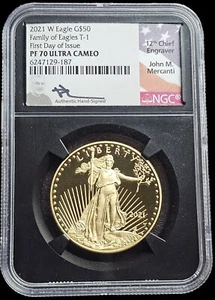 2021 W Proof Gold Eagle $50 T-1 FDOI John Mercanti Hand Signed NGC PF70 UCAM - Picture 1 of 6