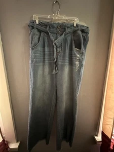 Wide Jeans 1XL (16w) high-waisted wide leg straight raw hem belted deep pockets - Picture 1 of 7