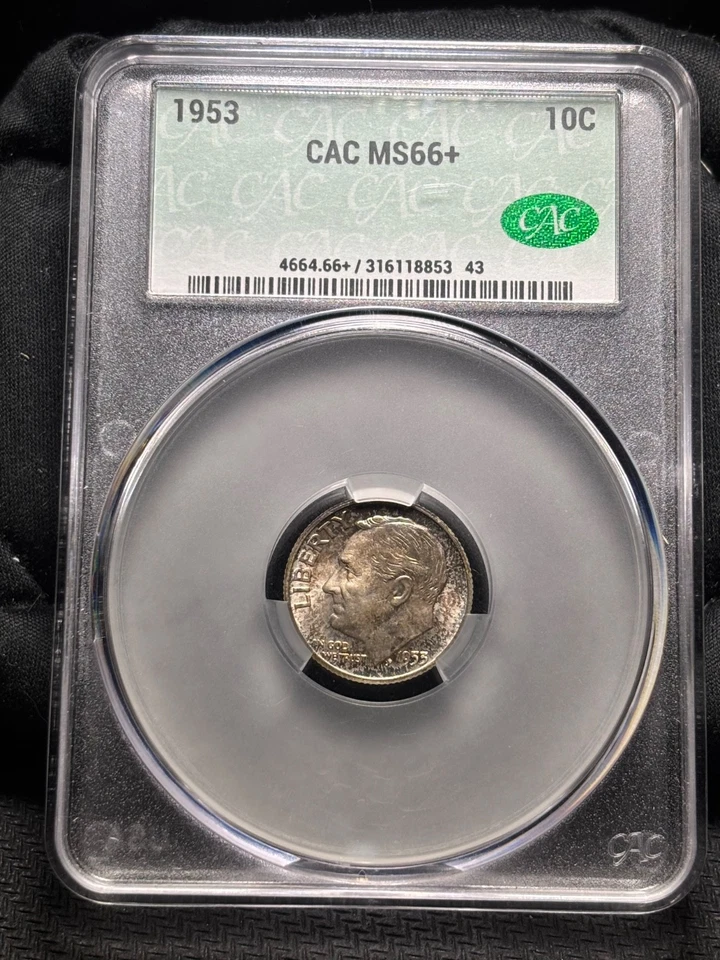 1953 年罗斯福 Dime CACG 评级 MS66+ – 流行 1 – 90% 银 – 独特彩虹金 Patina — 第 1/3 张图片